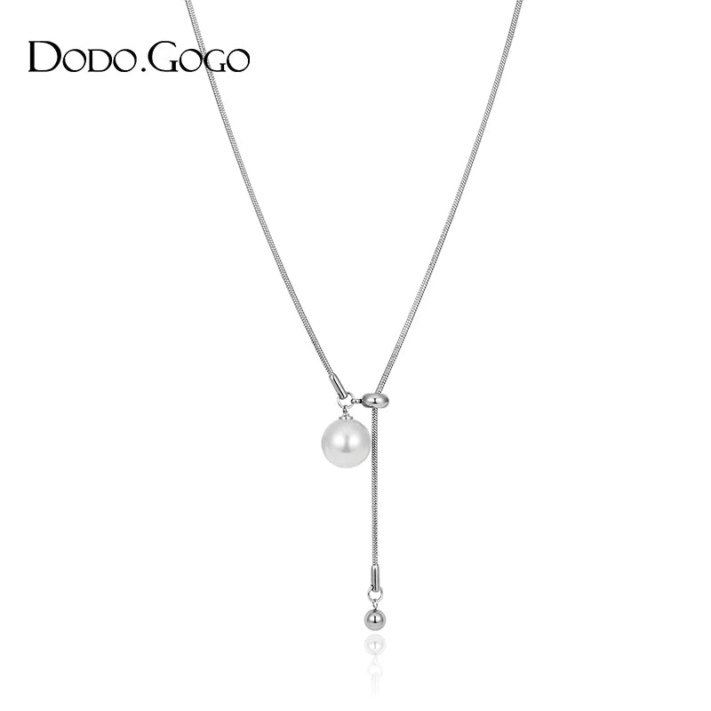 DODOGOGO Pearl Necklace Long Pendant Sweater Chain Collarbone Chain