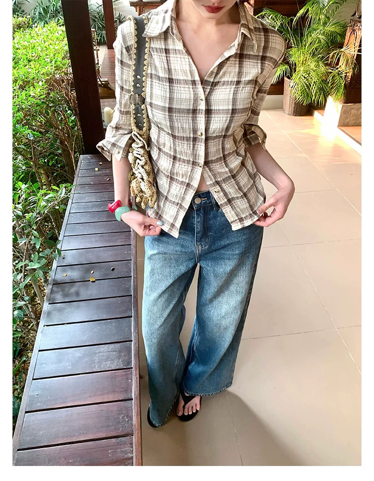 KELIFAN Retro Plaid Waist Short Shirt