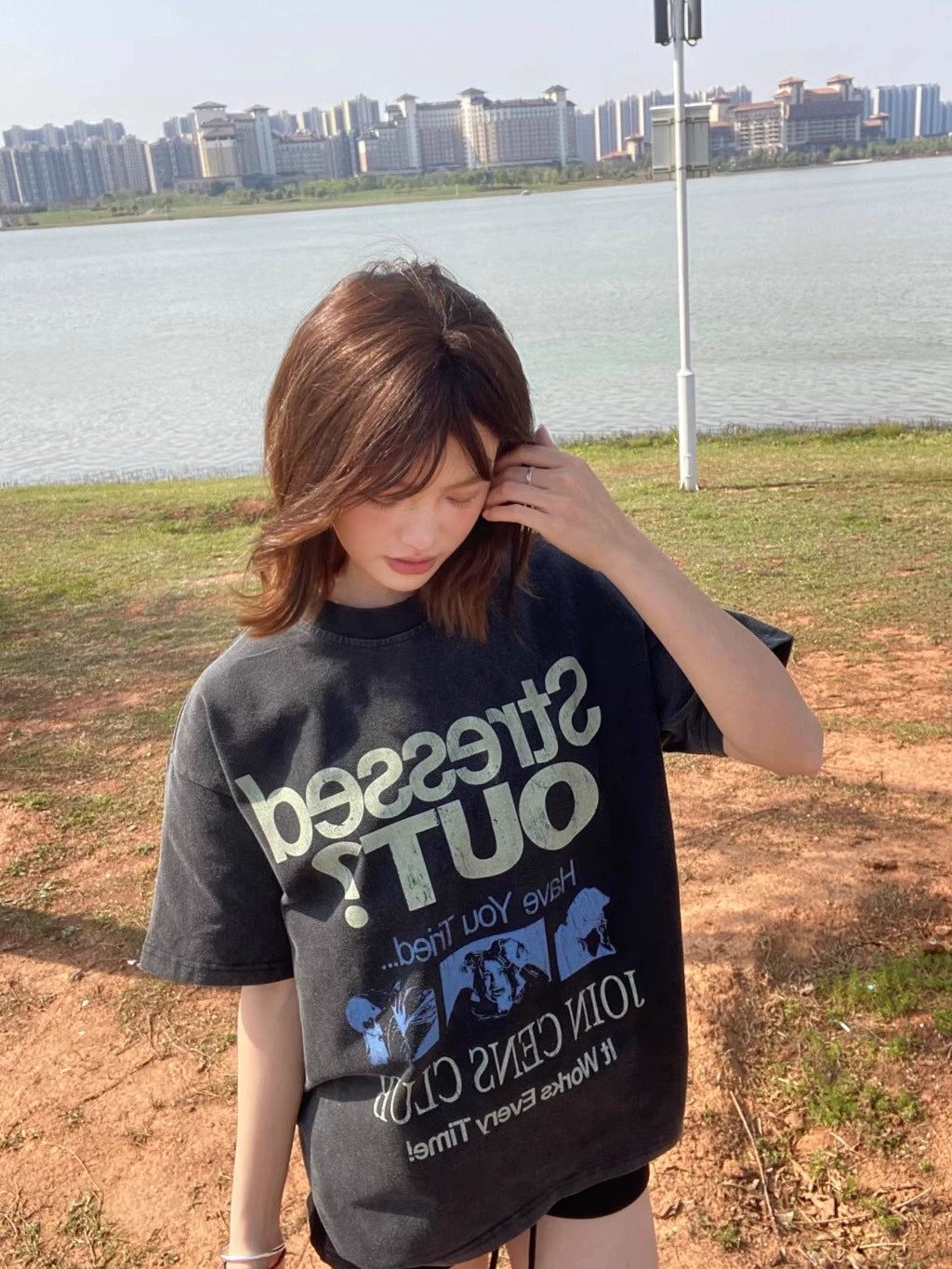 CENSMADE Washed Old American Alphabet Printed Tee