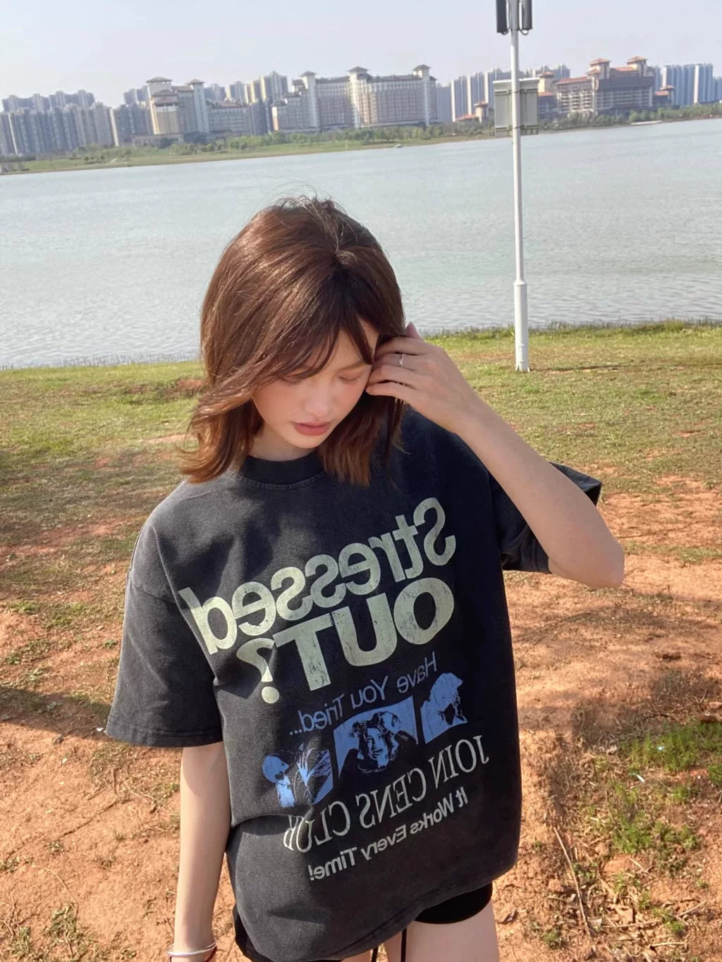 CENSMADE Retro Letter Print Casual Tee