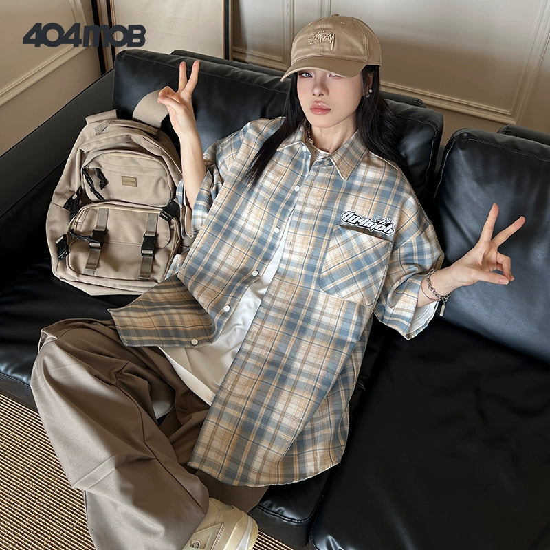 404MOB Multi-color Plaid JK Textured Lapel Embroidered Short Sleeve Shirt