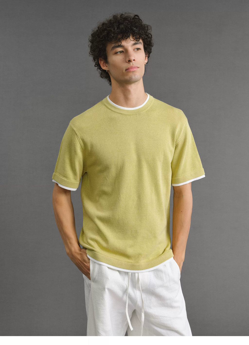 VLABMADE Linen-Blend Relaxed Fit Contrast Hem Short Sleeve Tee