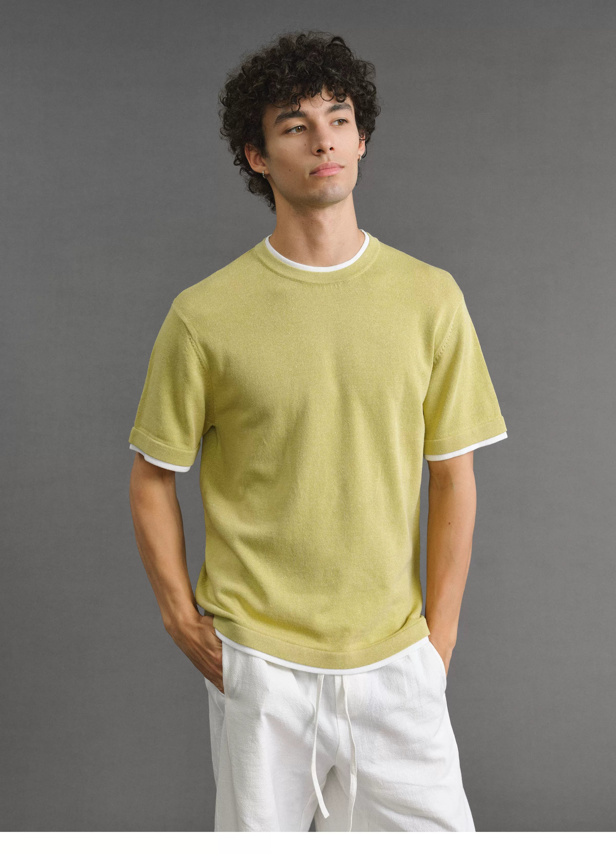VLABMADE Linen-Blend Relaxed Fit Contrast Hem Short Sleeve Tee