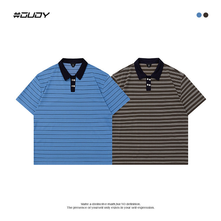 OVDY Striped Lapel Casual Polo Shirt