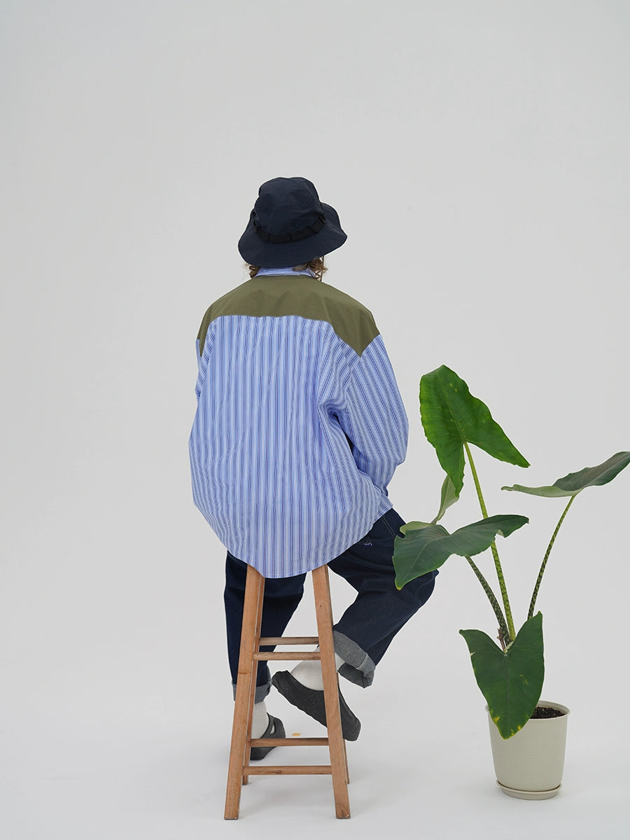 O3PARK Japanese Loose Casual Color Contrasting Splicing Striped Shirt