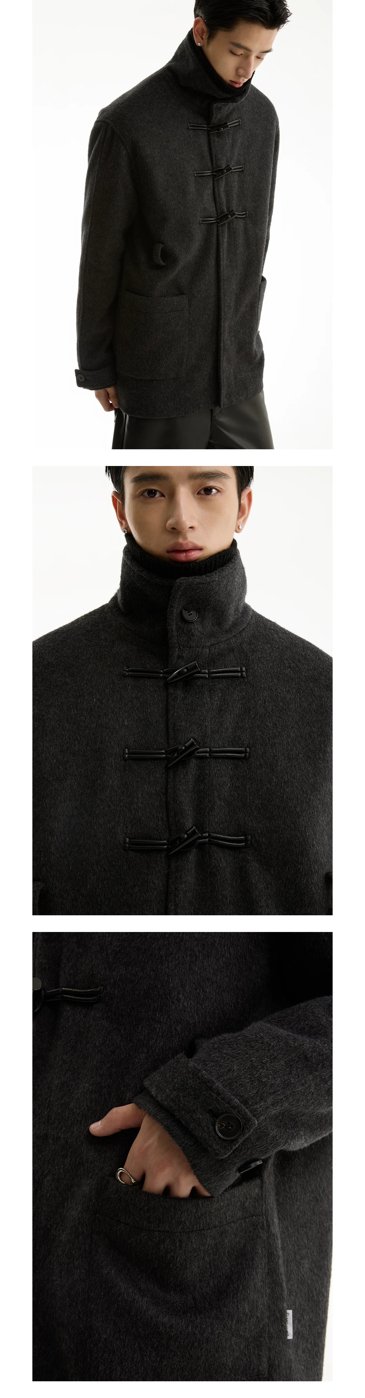 FUNKYFUN Horn Buckle Adjustable Belt Medium and Long Woolen Coat
