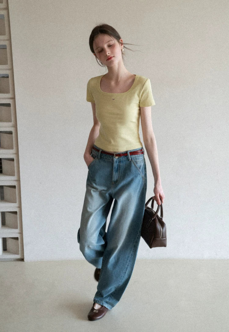 EGGKA Hollow Love Square Collar Straight Shoulder Tee