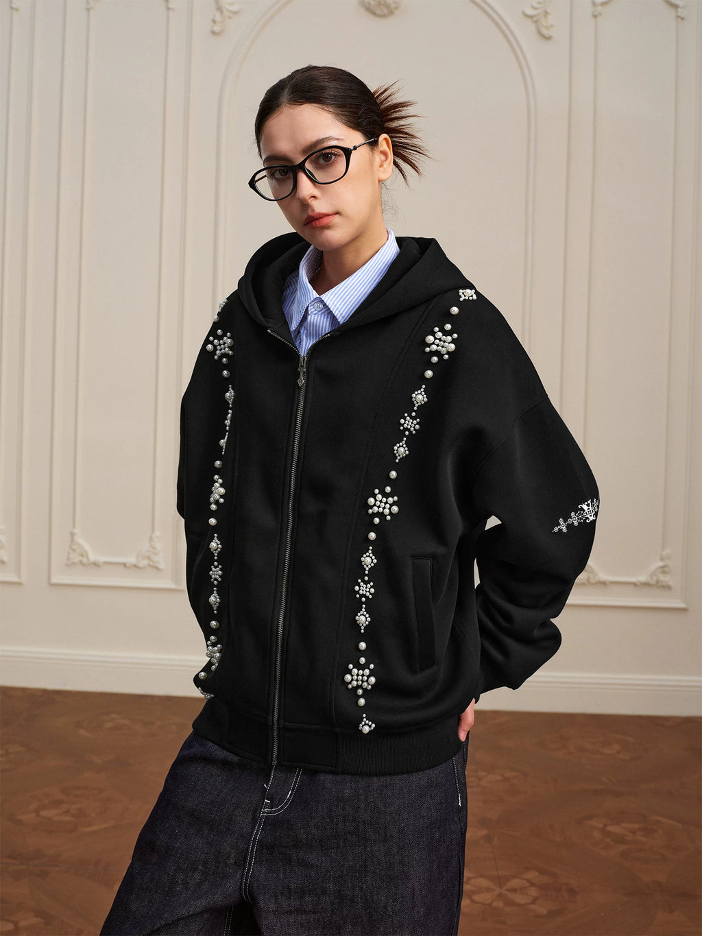 YADcrew Star Track String Pearl Cardigan Hooded Sweater