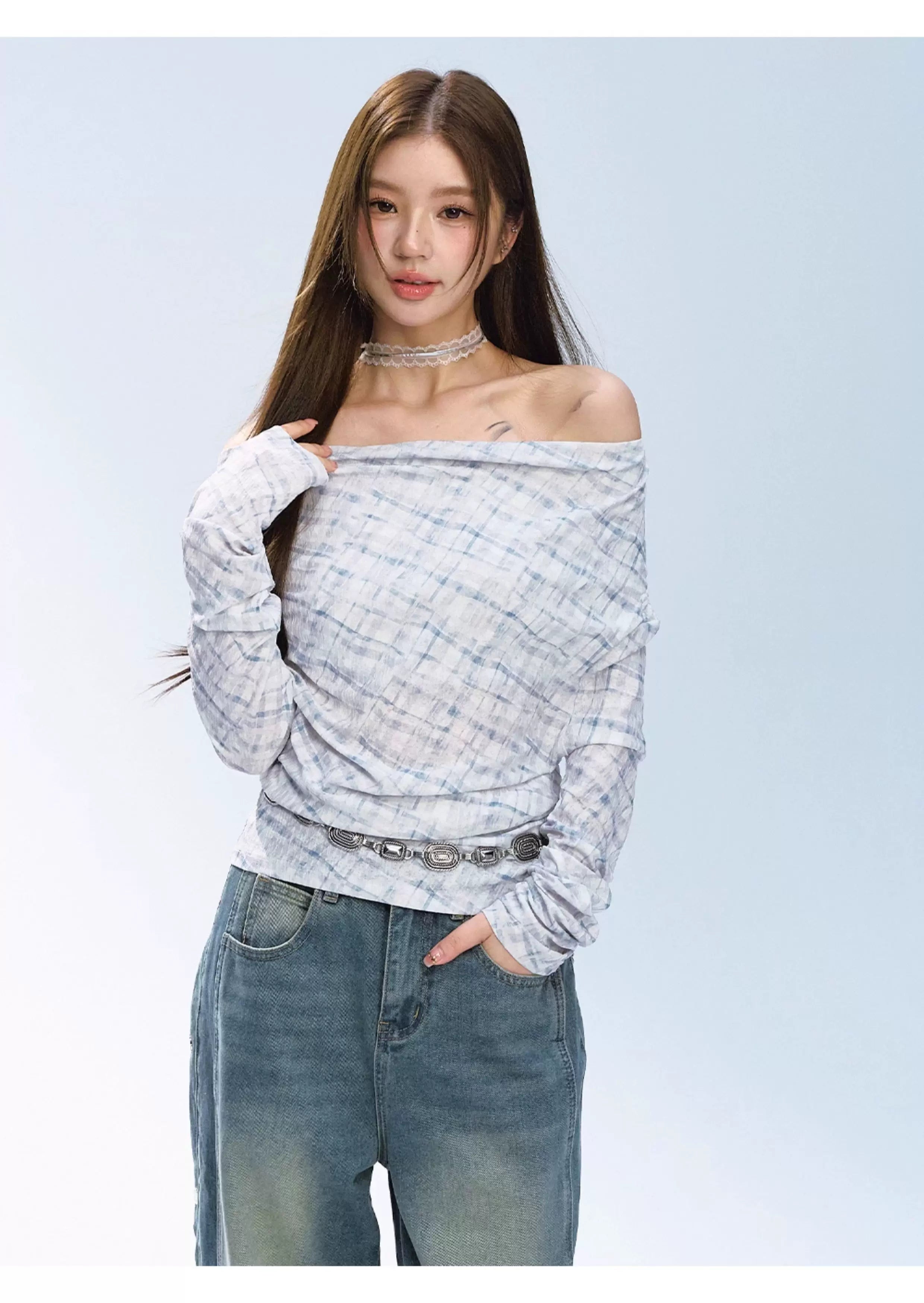 Ablueberry One-word Shoulder Plaid Long Sleeves