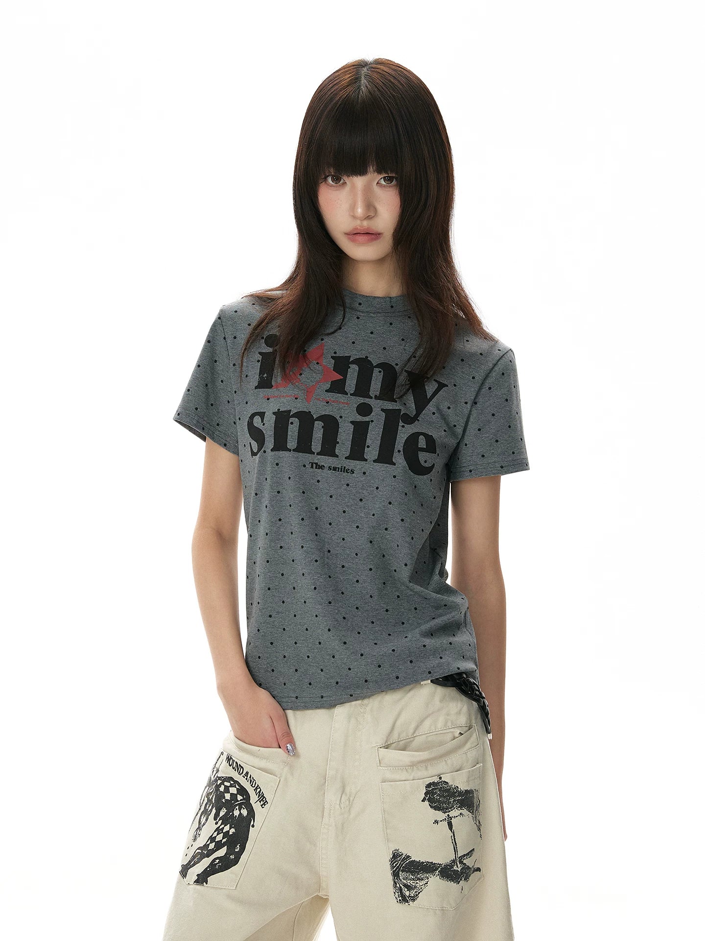 A PUEE Retro Polka Dot Round Neck Front Shoulder Slim Tee