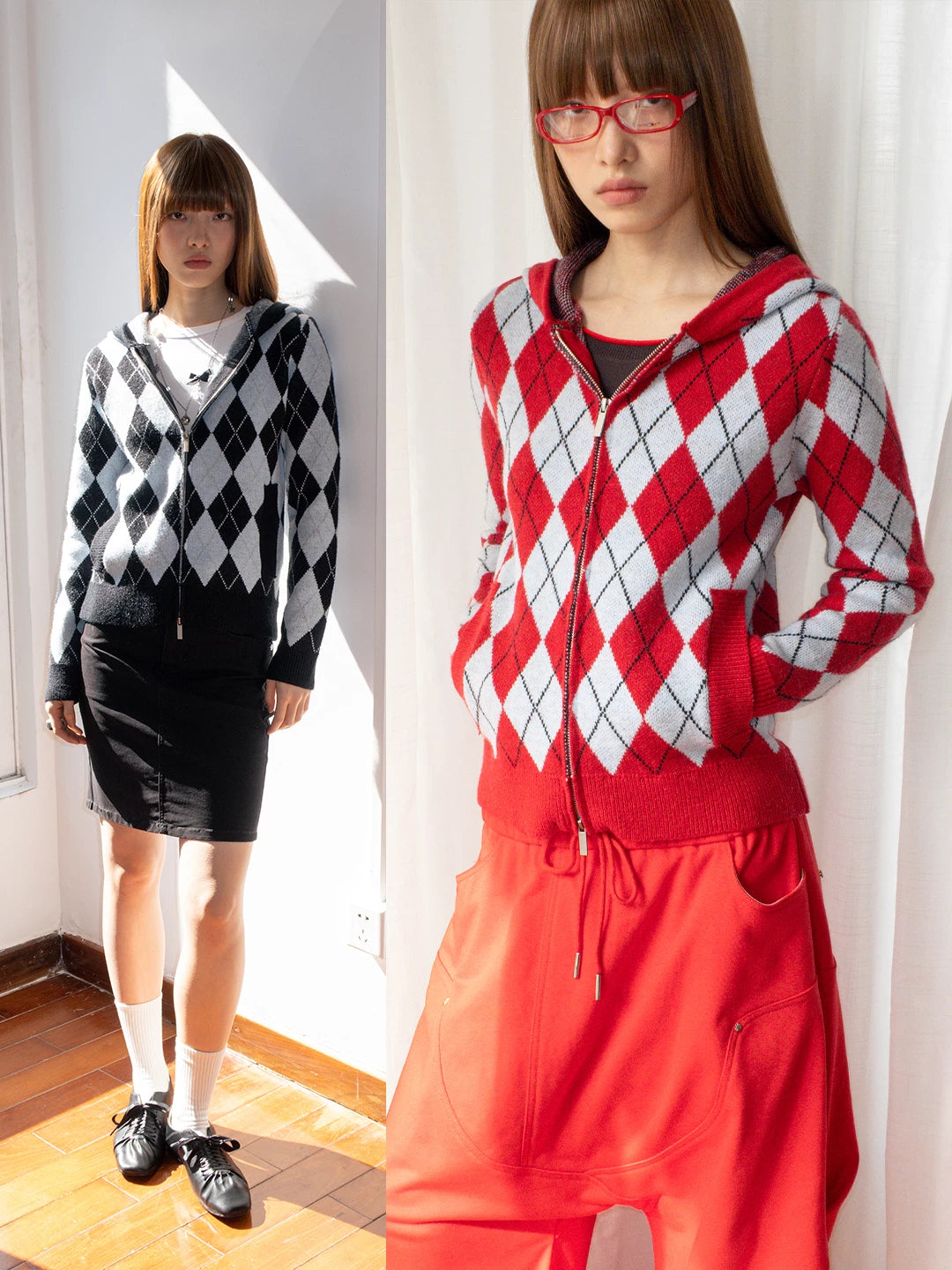 FUNKYFUN Diamond Plaid Contrast Stitching Hooded Knit Sweater Jacket