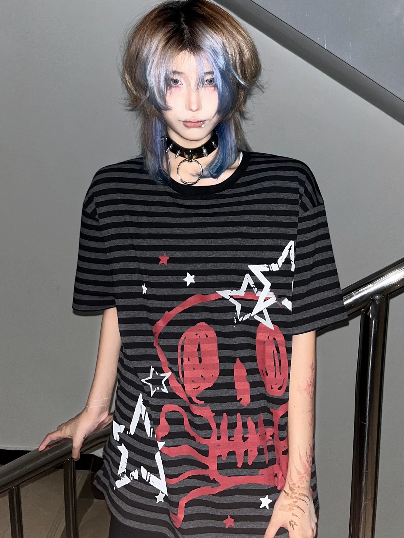 Wetbody Skull Striped Loose Tee