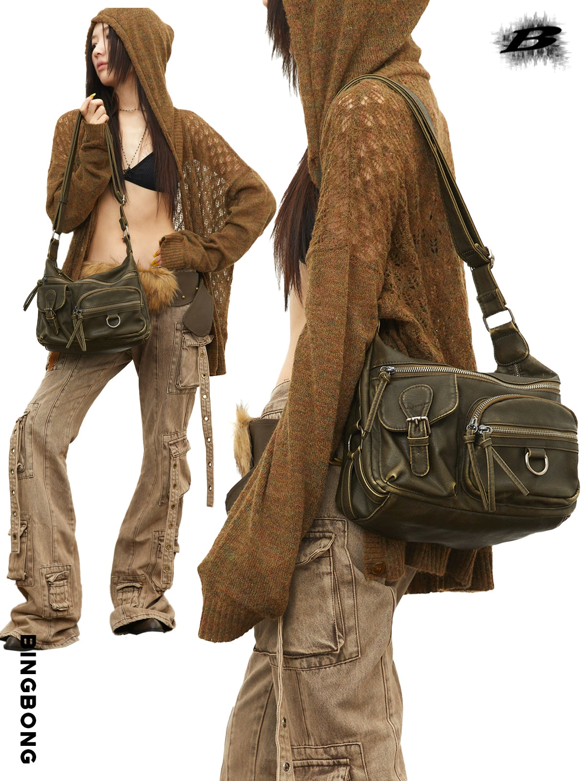 BINGBONG Vintage Spice Girl Commuter Function Tooling Large Capacity Bag