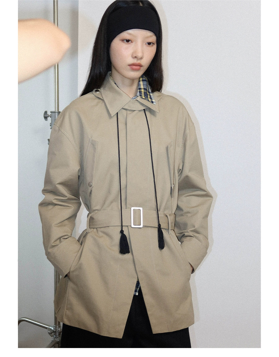 FUNKYFUN Medium and Long Khaki Lapel Jacket
