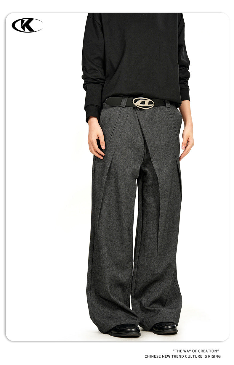 11KN Retro Three-dimensional Pleated Diagonal Placket Casual Trousers