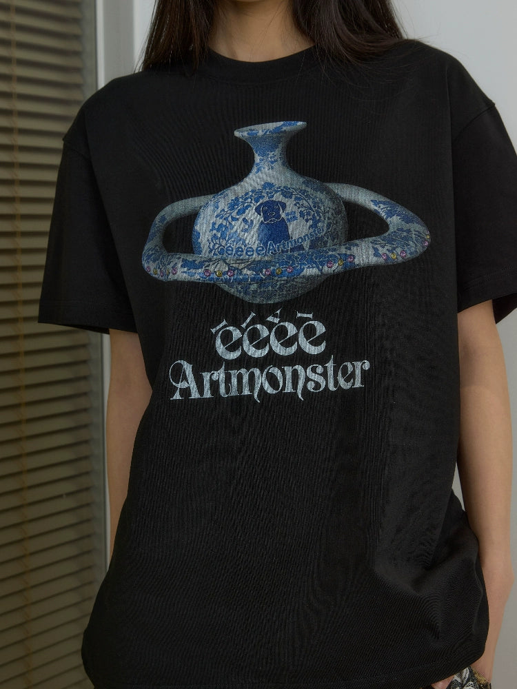EeeeArtMonster Spoof Loose Vintage Blue and White Porcelain Printed Tee