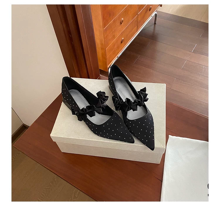 CHRNDXEE Bow One-button Versatile Pointed Shallow Mouth Single Shoes