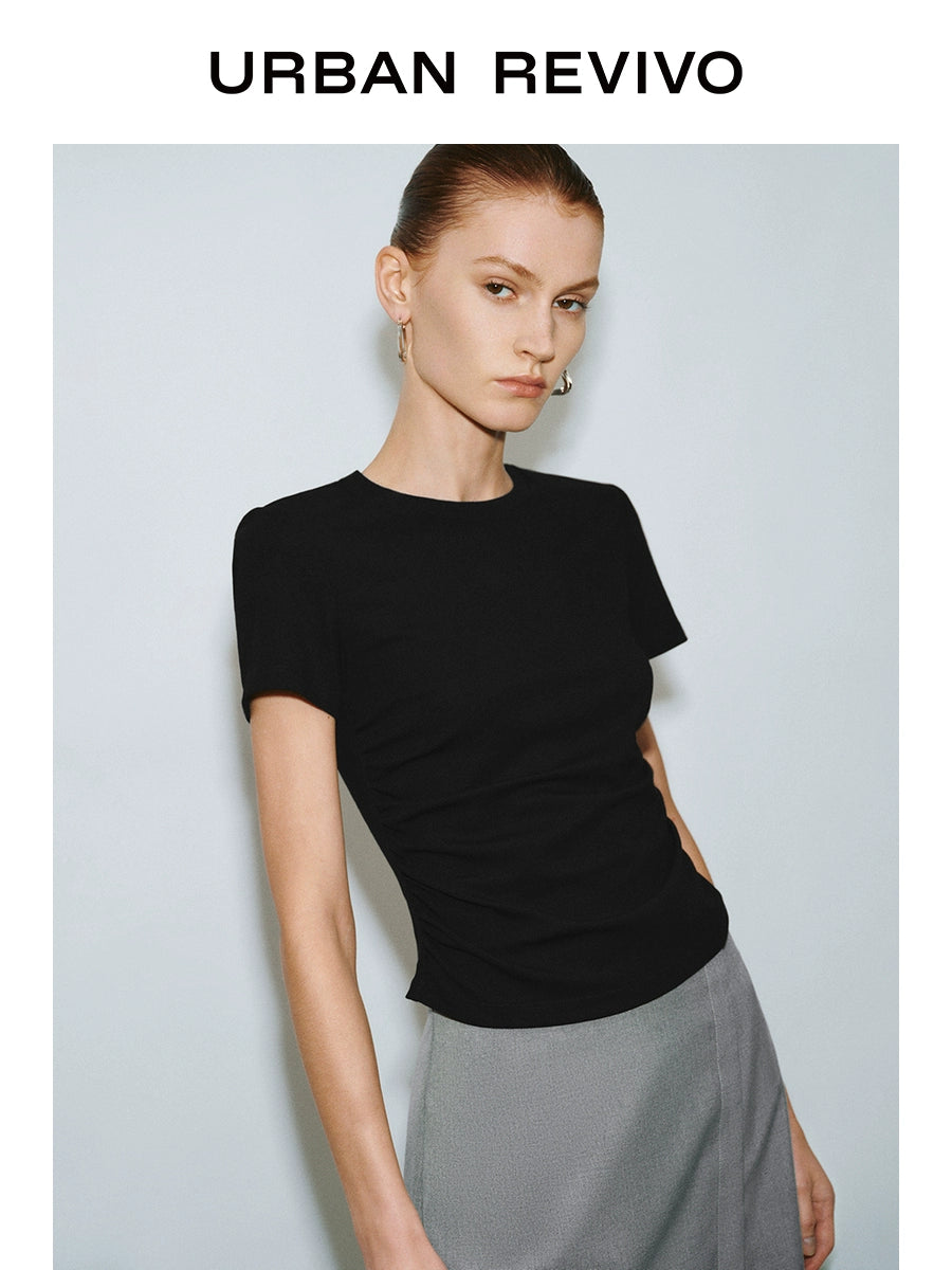URBAN REVIVO Slim Fold Waist Round Neck Tee