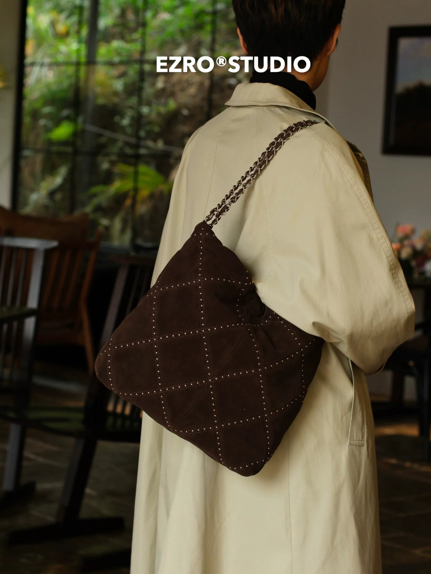 EZRO Rivet Matte Suede Shoulder Tote Bag