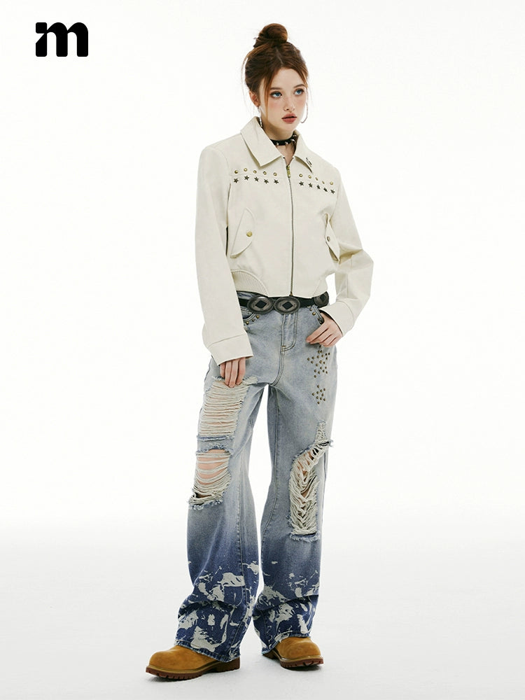 IMONE Vintage Rivet Short Leather Jacket