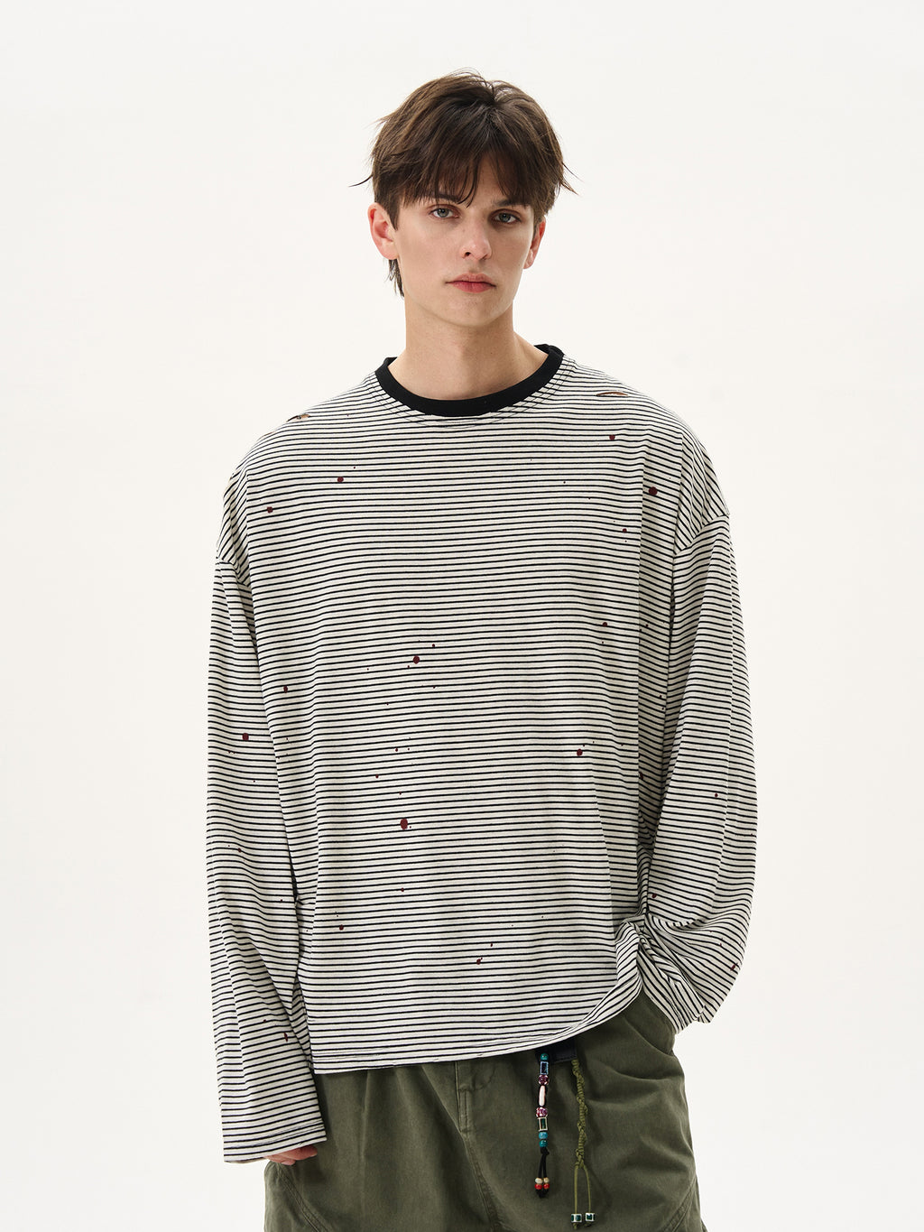 BTSG sense ink splashing ripped striped round neck long sleeve Tee