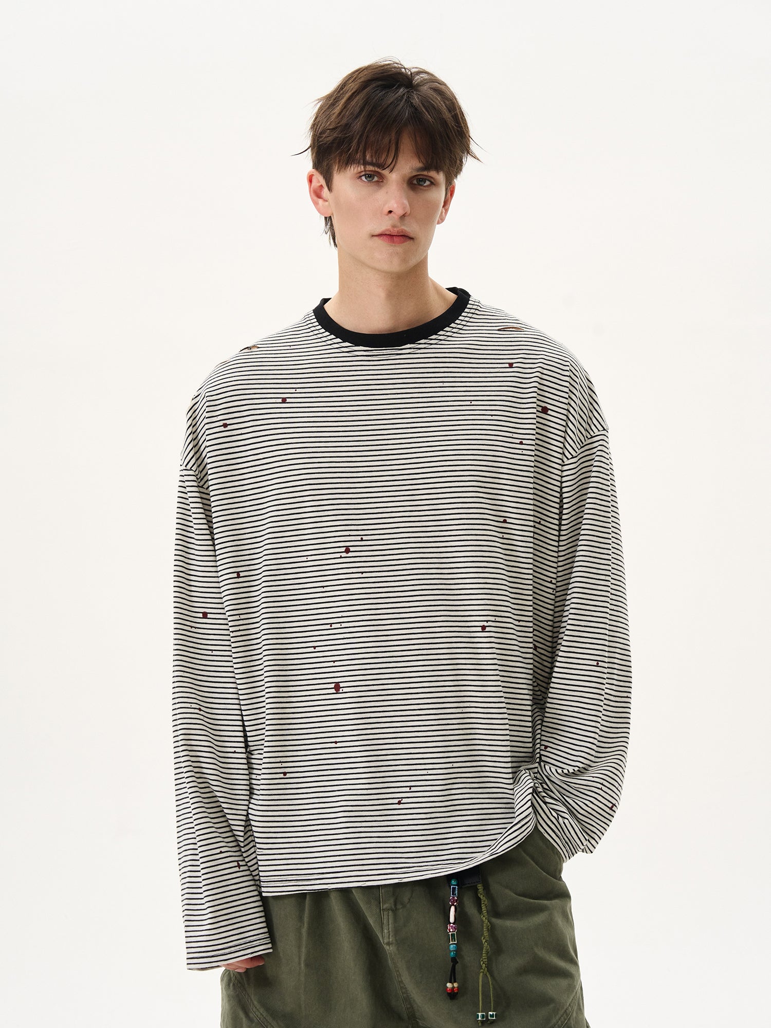 BTSG sense ink splashing ripped striped round neck long sleeve Tee