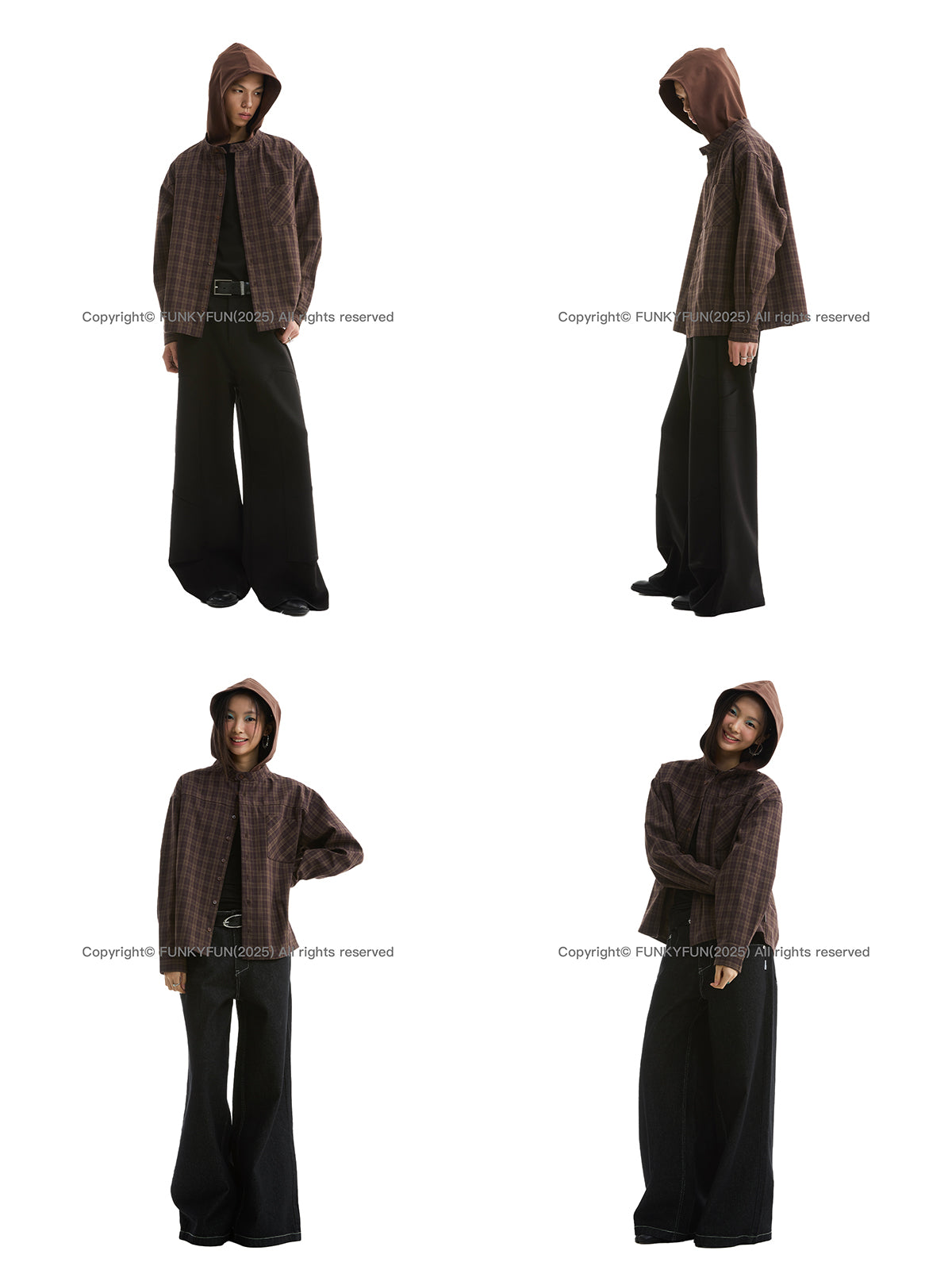 FUNKYFUN Plaid Fake Two-piece Hooded Shirt Jacket