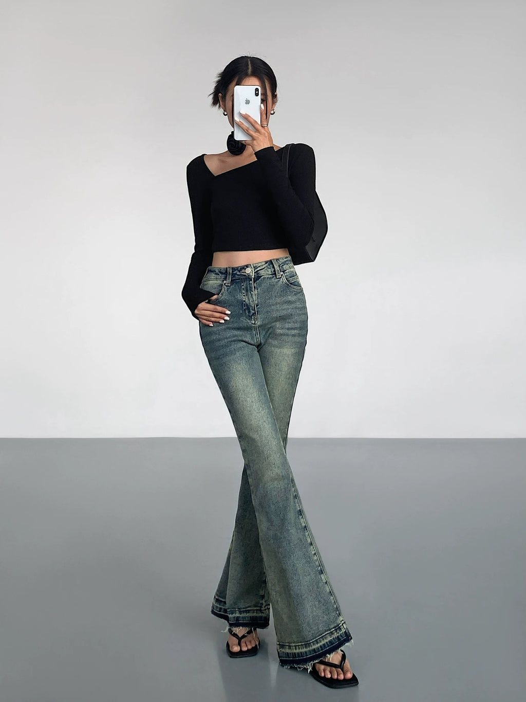 OUSPH Vintage High Waist Burr Edge Pull Jeans(clearance)