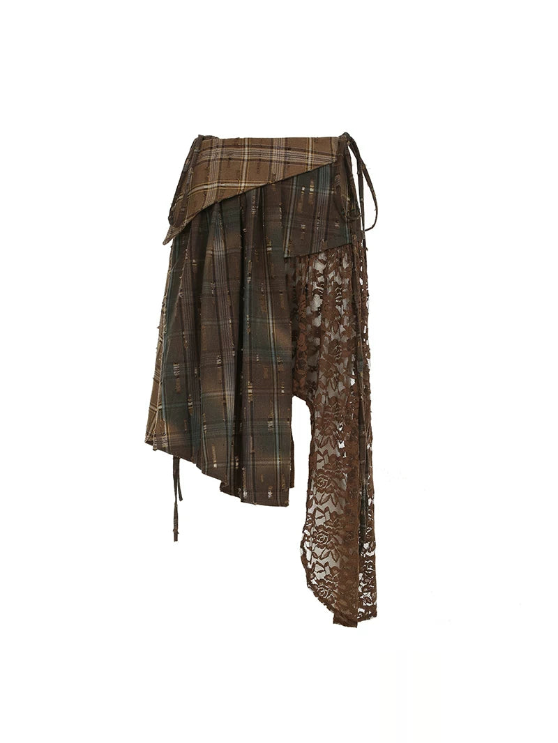 FUNOFF Vintage Irregular Lace Ribbon Checkered Skirt