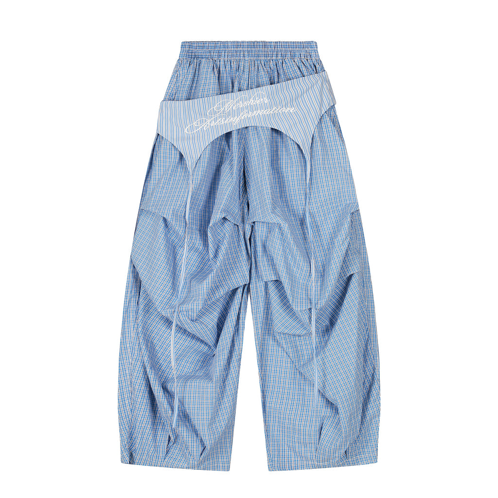 Mershier Retro Lazy Wind Fart Curtain Stacked Plaid Wide-leg Pants