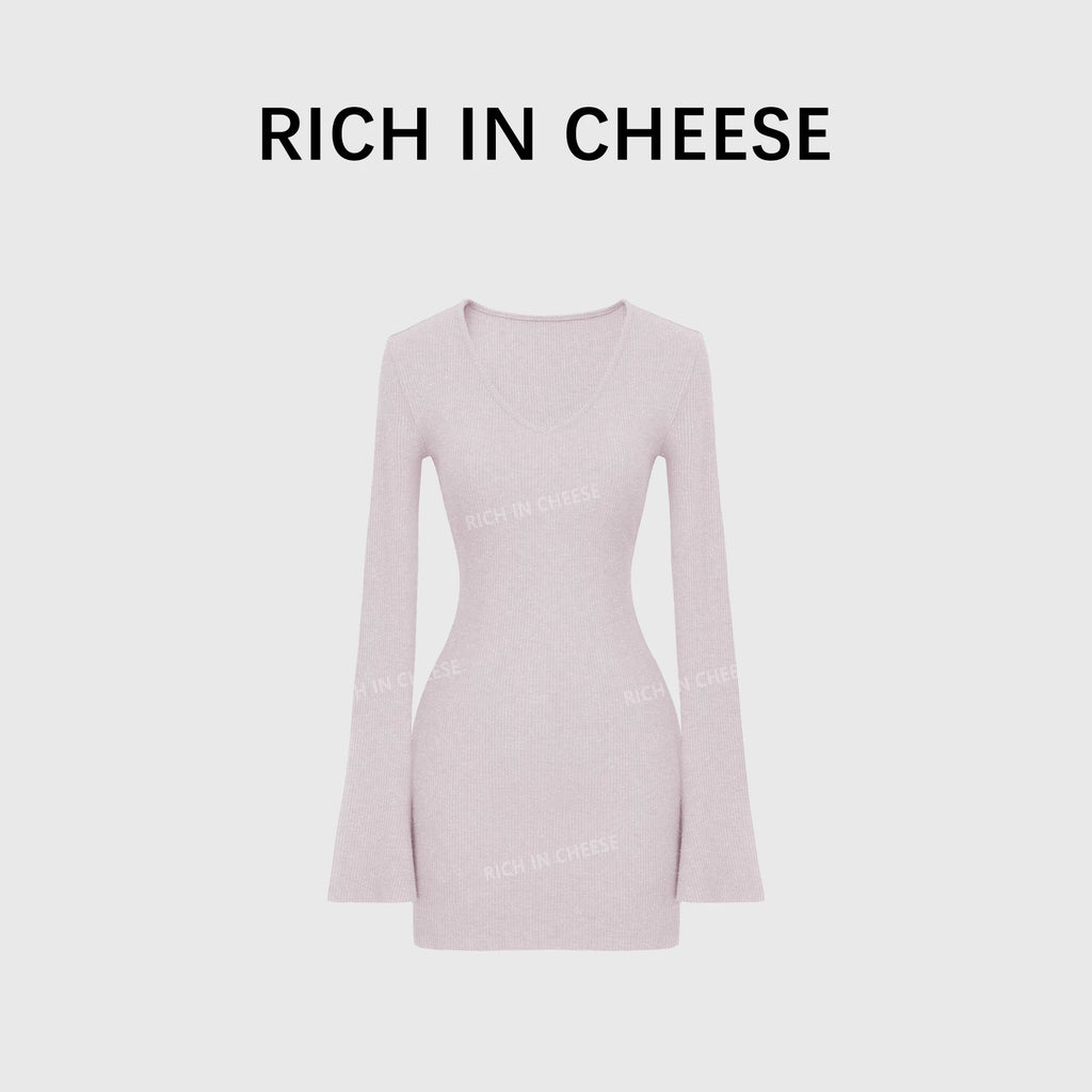 RICH IN CHEESE Waist Slim Knitted Long-sleeved Dress