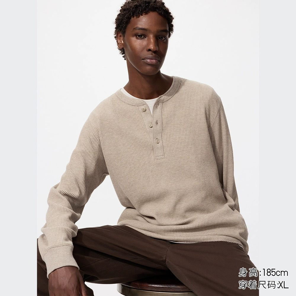 Uniqlo Waffle Henry Neck Pullover Long Sleeve