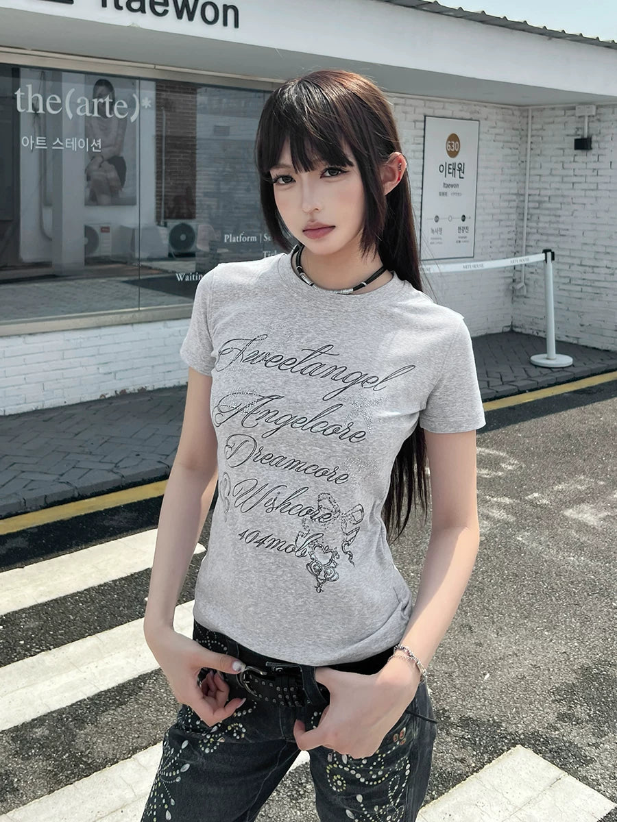 404MOB Alphabet Printed Hot Drill Front Shoulder Tee