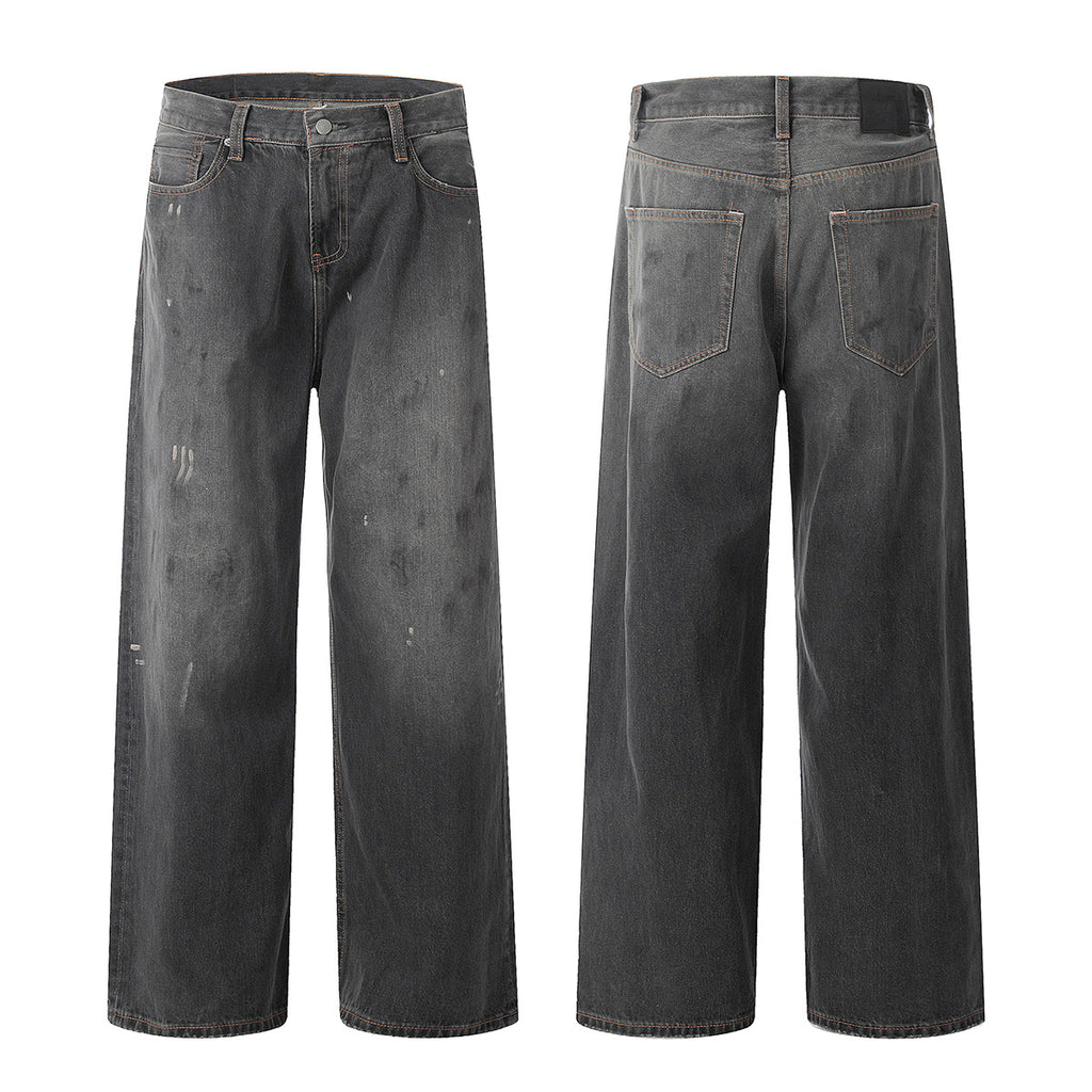 11KN High-grade Washed Retro Dirty Straight Ink-splashed Denim Jeans