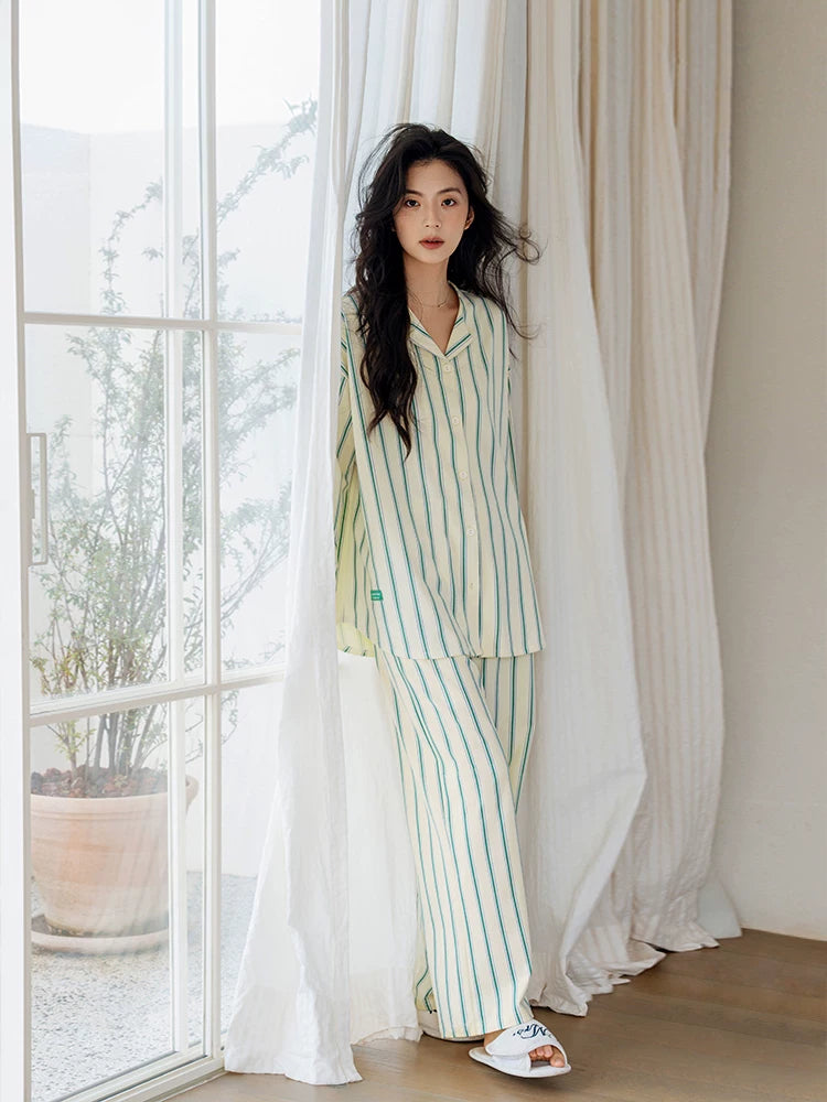 YUENEI Casual Striped Cotton Long Pajamas