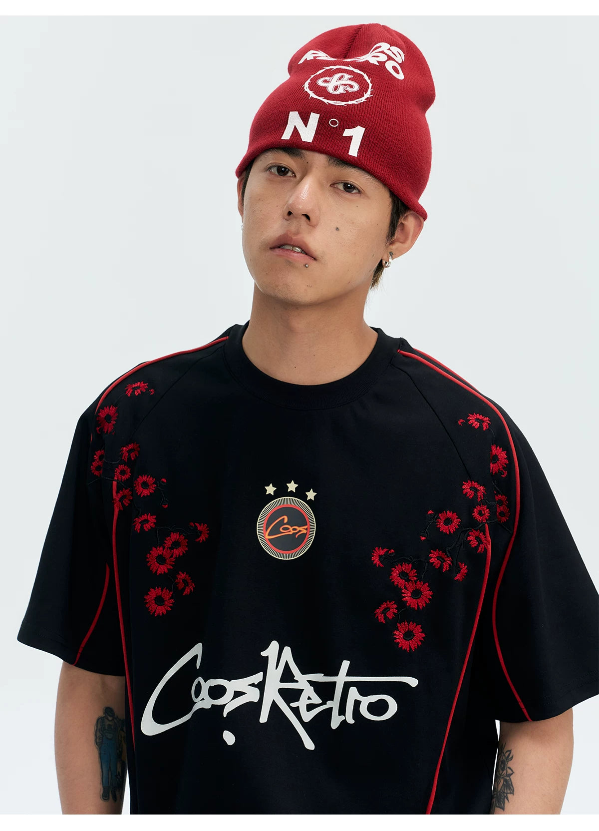 CoosRetro Retro Plum Blossom Embroidery Cool Loose Tee