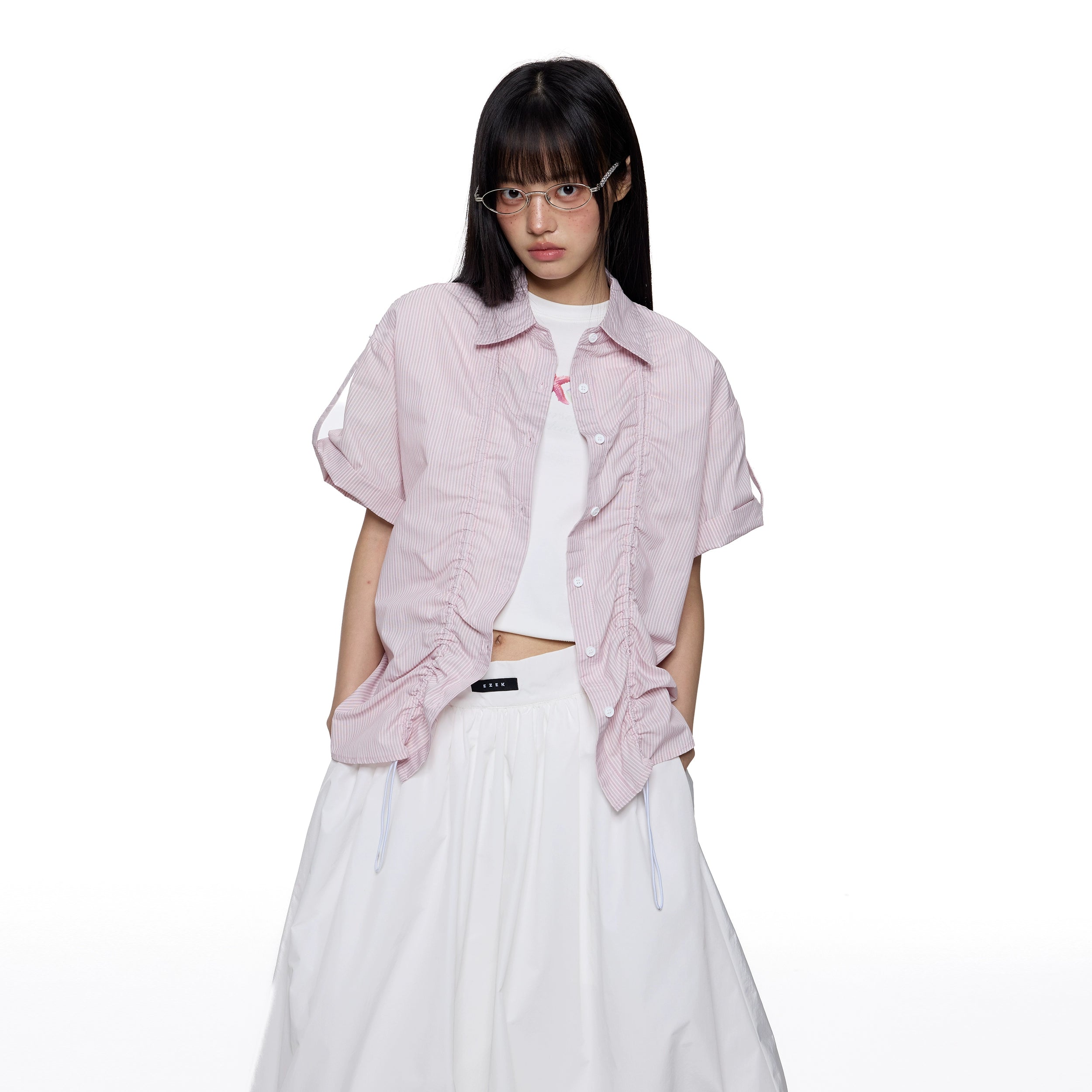 EZEK Temperament Striped Thin Front Shoulder Short Sleeve Shirt