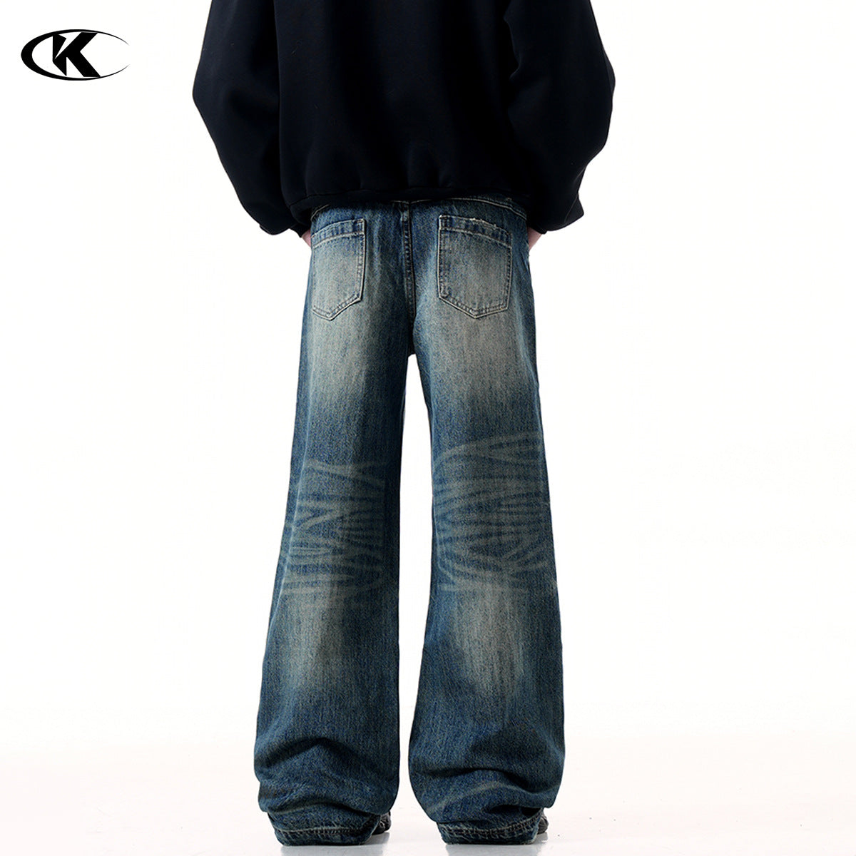 11KN American Retro Cleanfi Heavy High Street Washed Blue Loose Straight Wide Leg Long Jeans