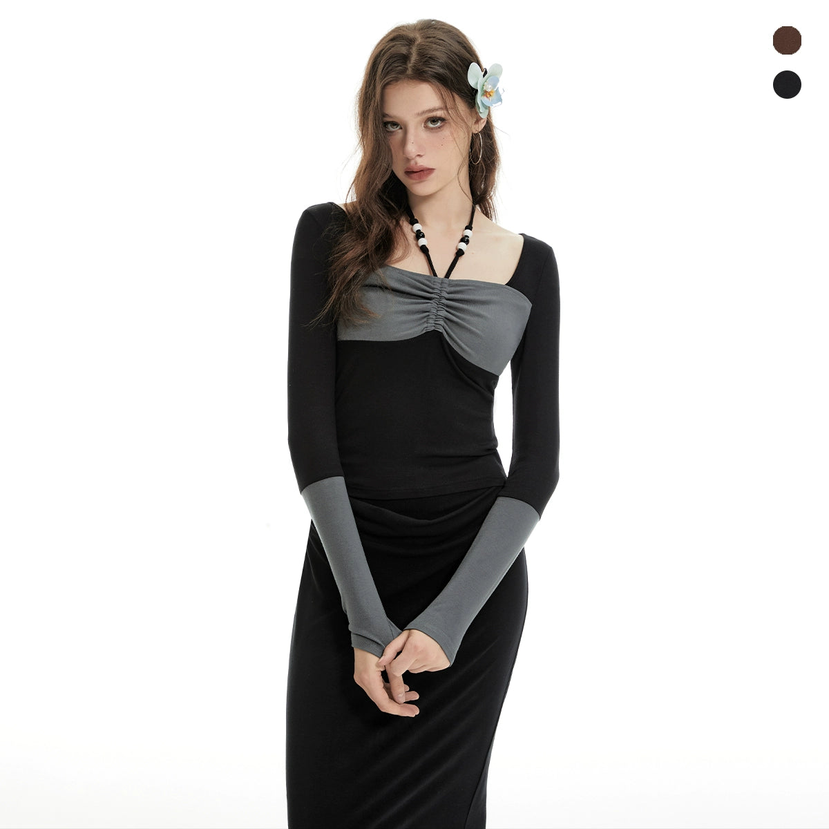 Imone Contrasting Splicing Drawstring Neck Long Sleeve