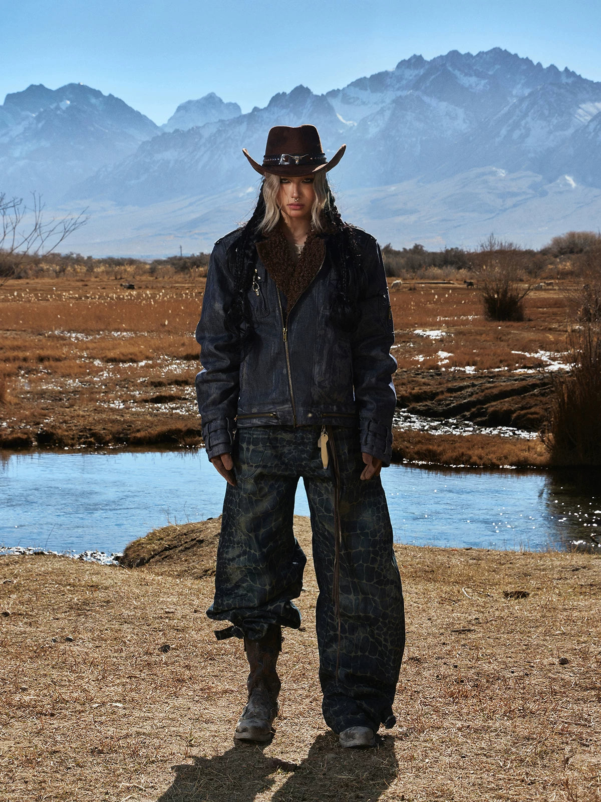 PERSONSOUL * Crocodile Wide-leg Jeans