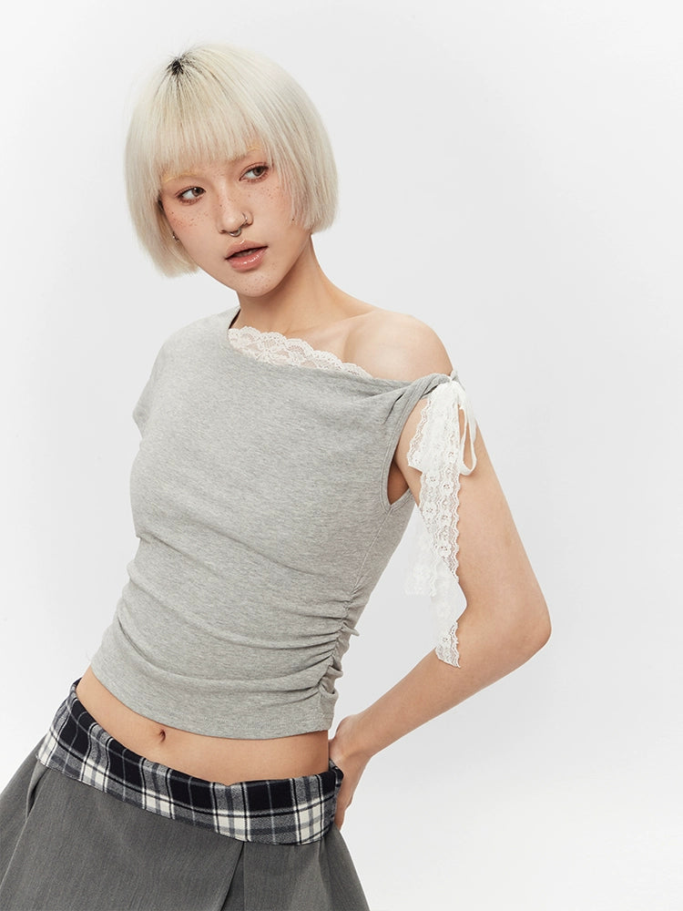 AIRHOOD Lace Sexy Diagonal Collar Short Tee
