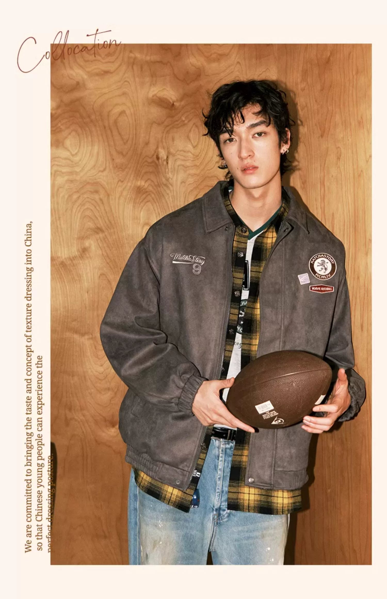 MATCHA STORY Embroidered Badge Vintage Tooling Jacket
