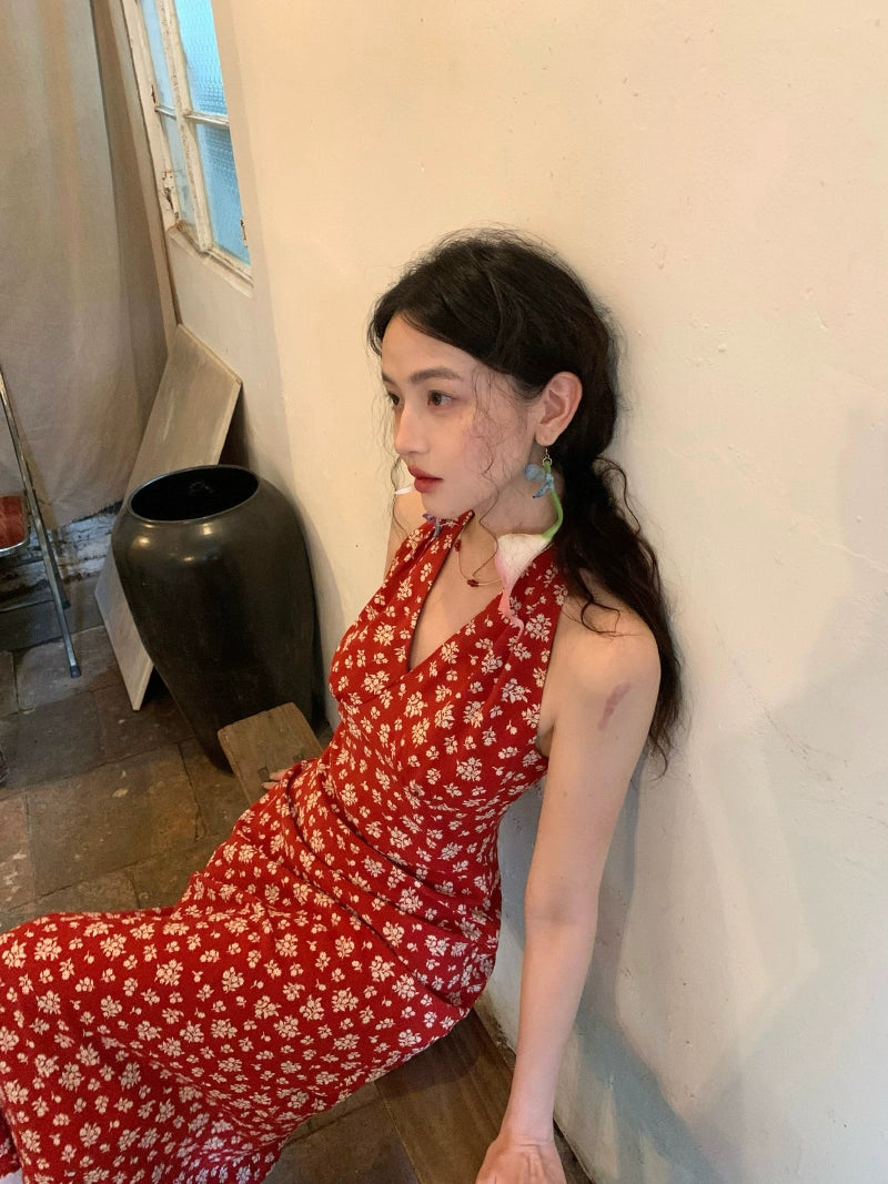 KELIFAN Retro V-neck Waist Floral Skirt