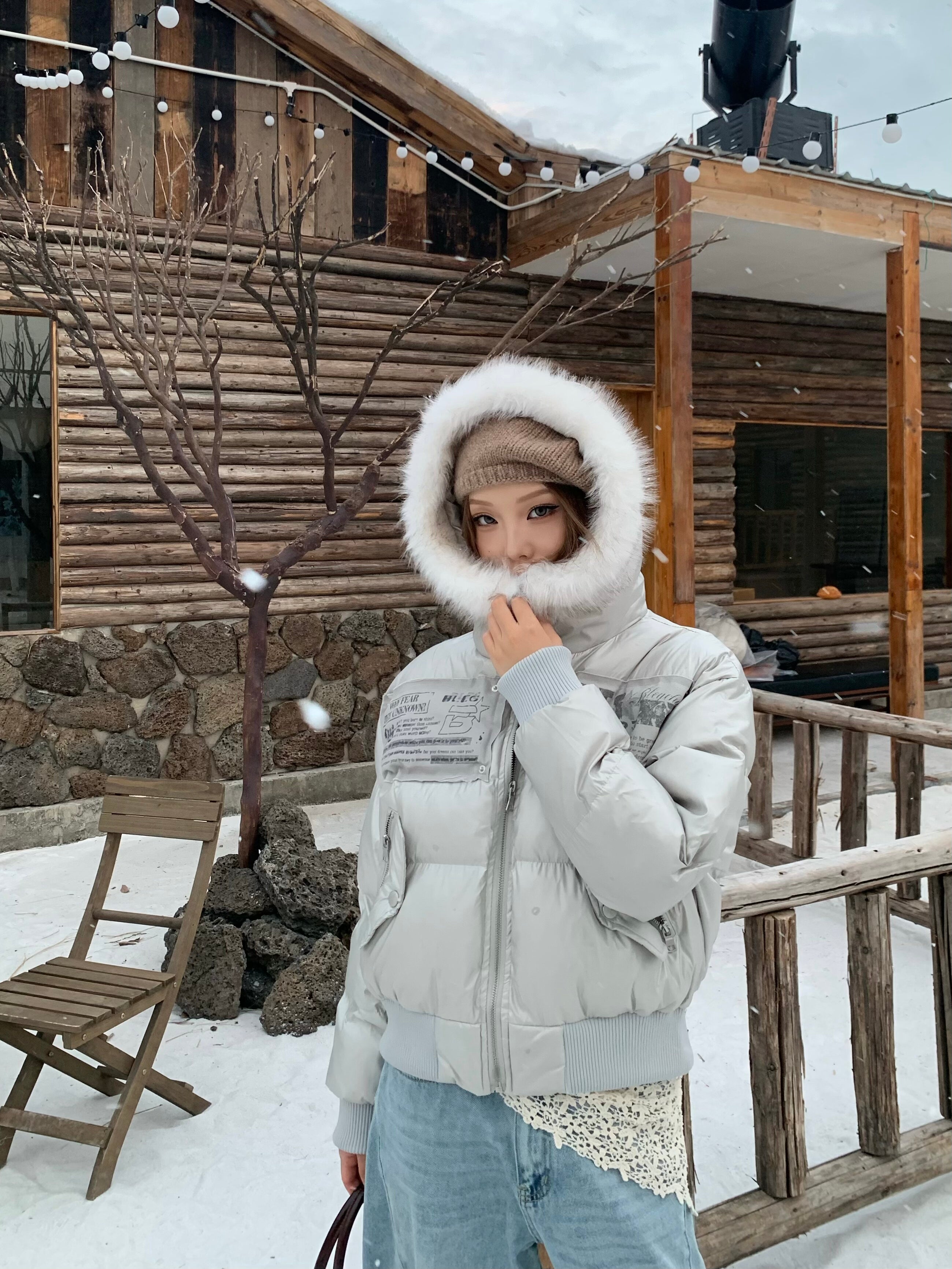 BANGU Vintage Fur Collar Hooded Cotton Jacket