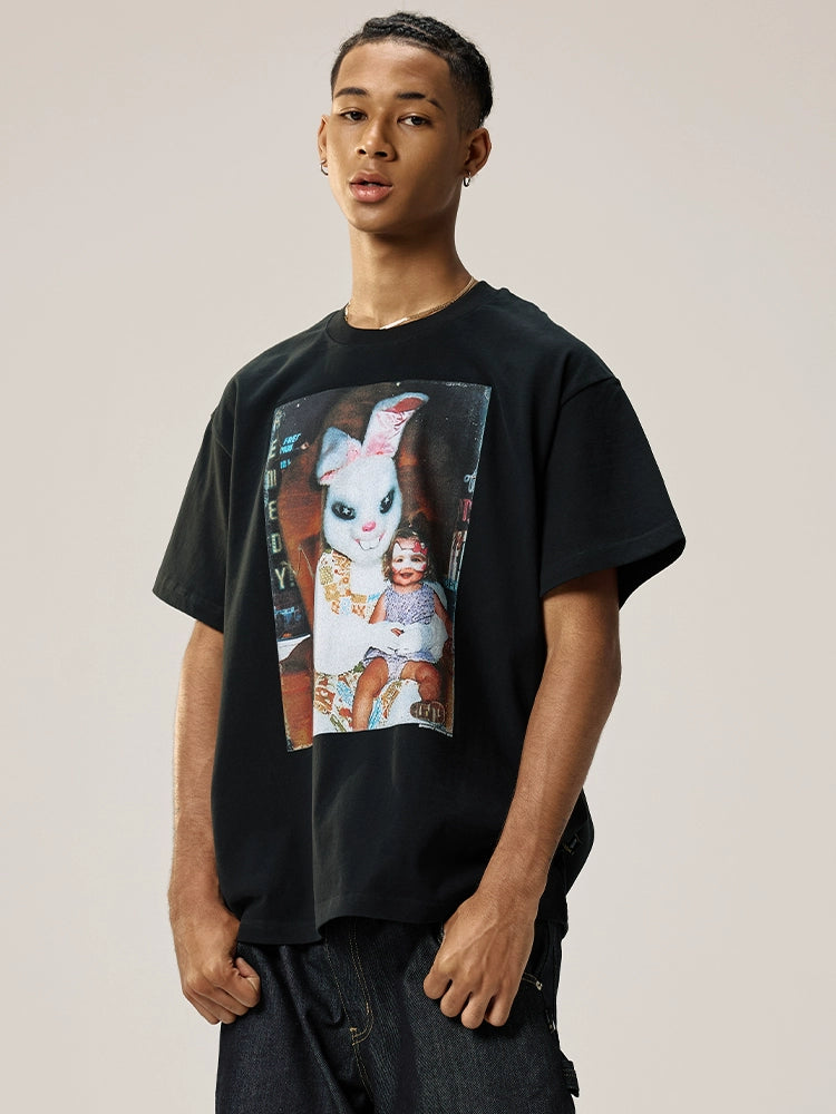 Remedy Tide Brand Rabbit Print Crew Neck Loose Short Tee