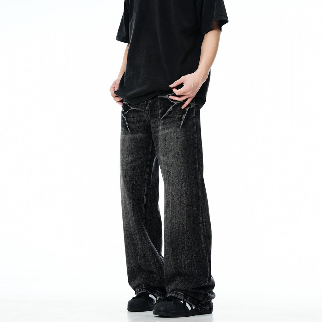 11KN Retro High Street Lightning Crack Washed Distressed Cat Whisker Loose Jeans