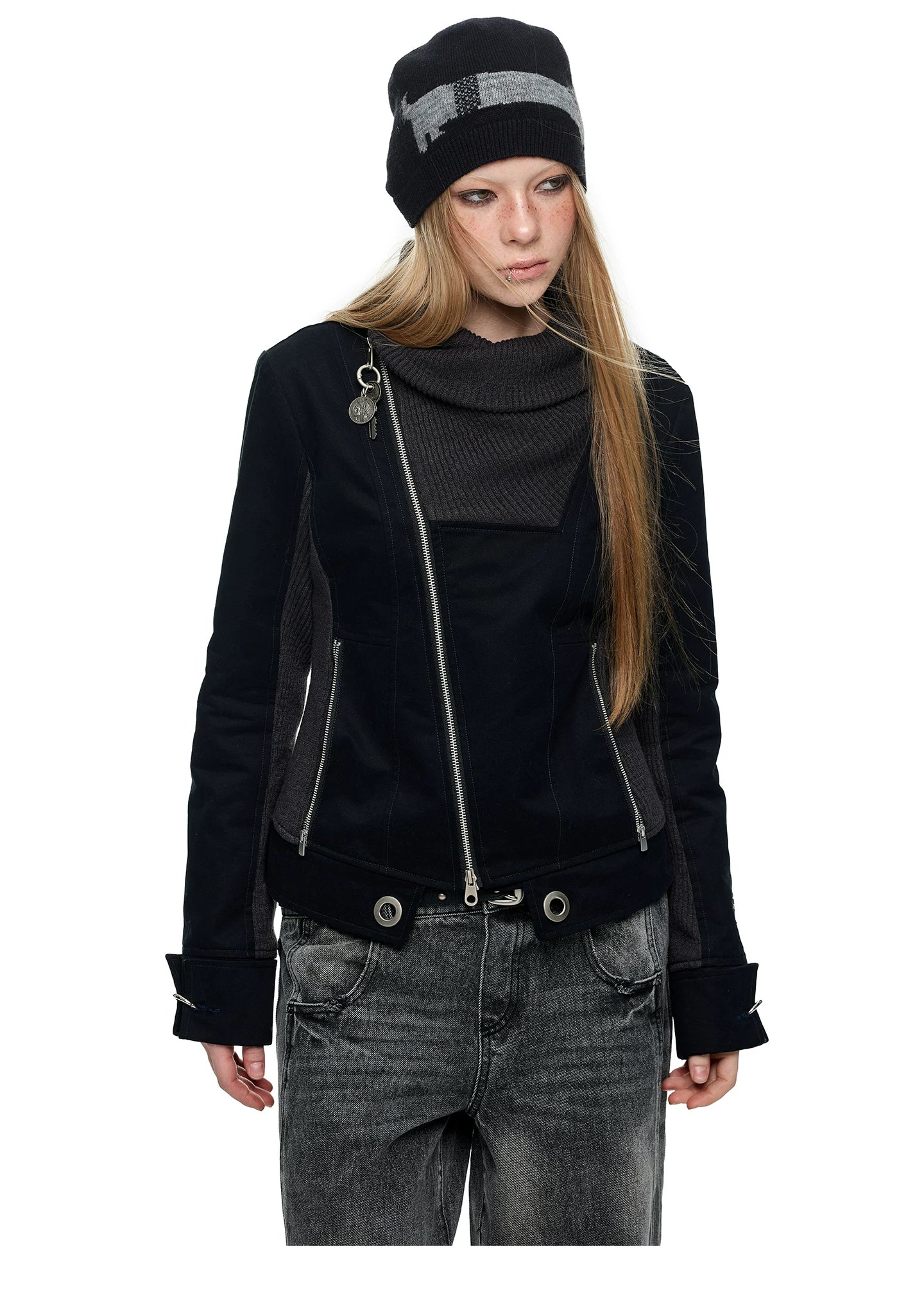 JIKOO Splicing Stack Collar Waist Short Jacket