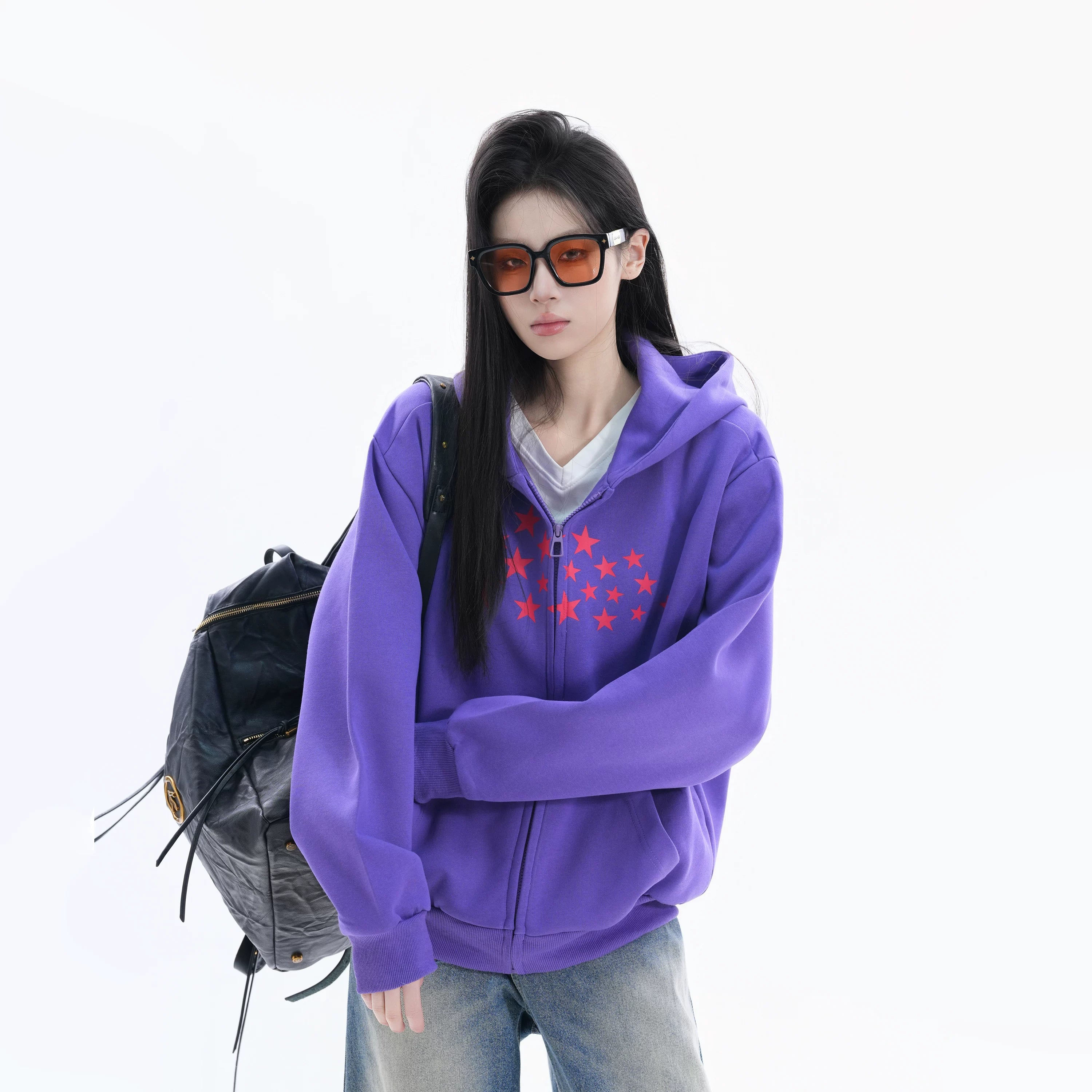 Zuocisankon Korean Printed Star Hooded Sweater Jacket