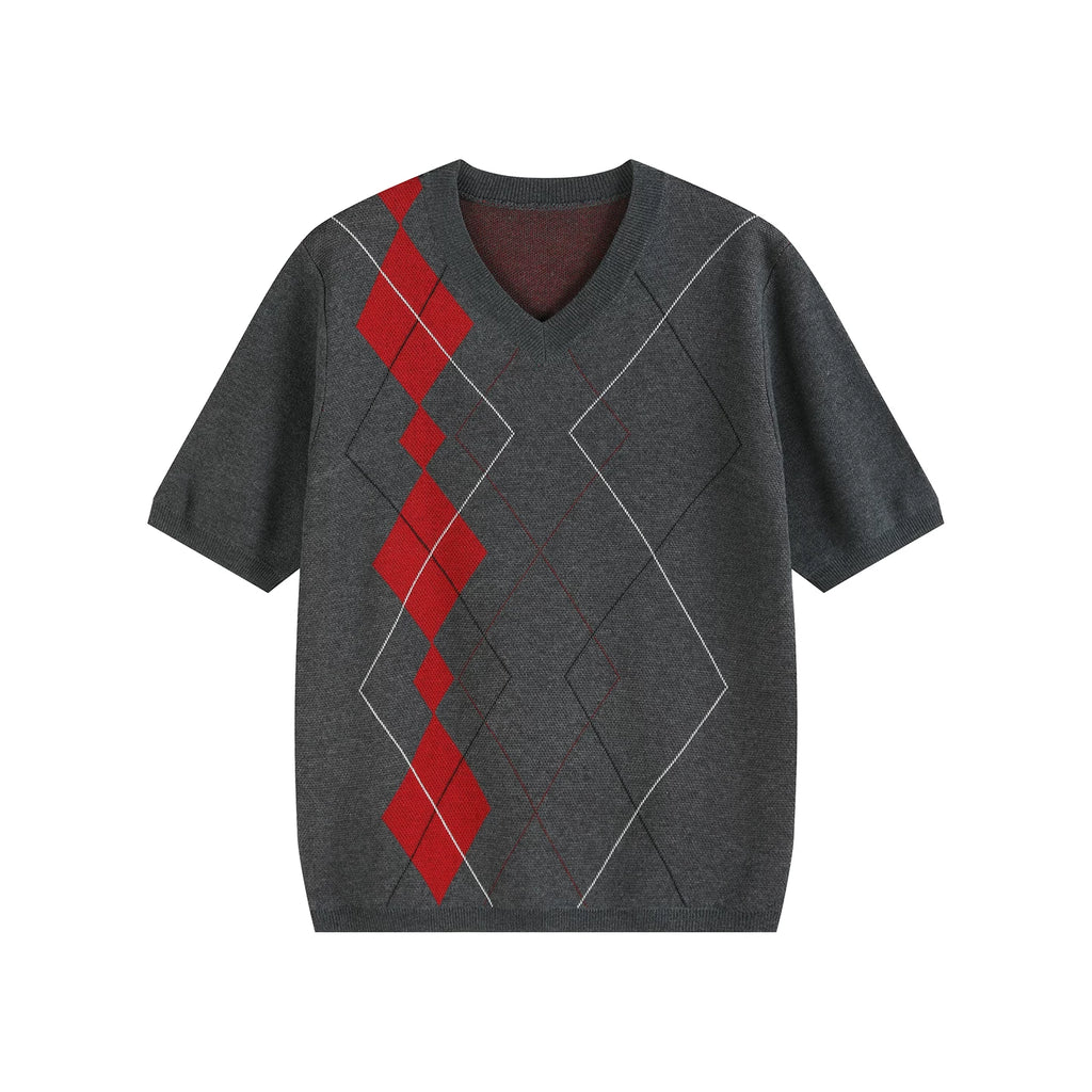 Slight Vogue Contrast Rhombus Splicing V-Neck Wool Tee