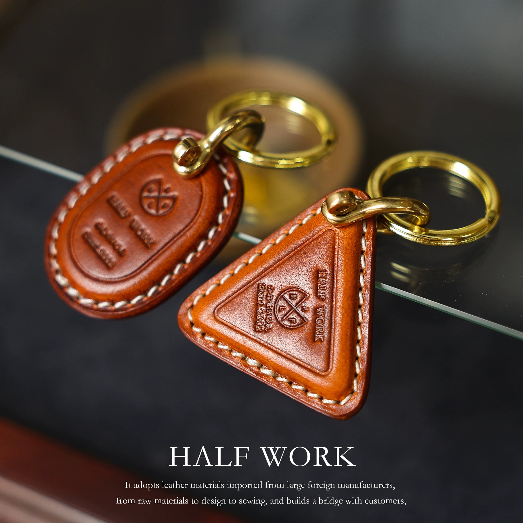 HALF WORK handmade keychain pendant pure copper car motorcycle keychain cowhide pendant exquisite leather